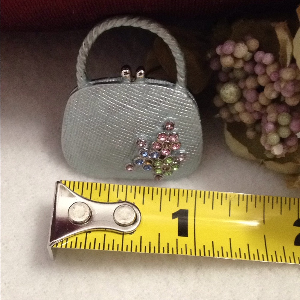 Unique Vintage Brooch Handbag Purse Pin Slate Blue 23 Colorful Jewels Flowers - Picture 8 of 8